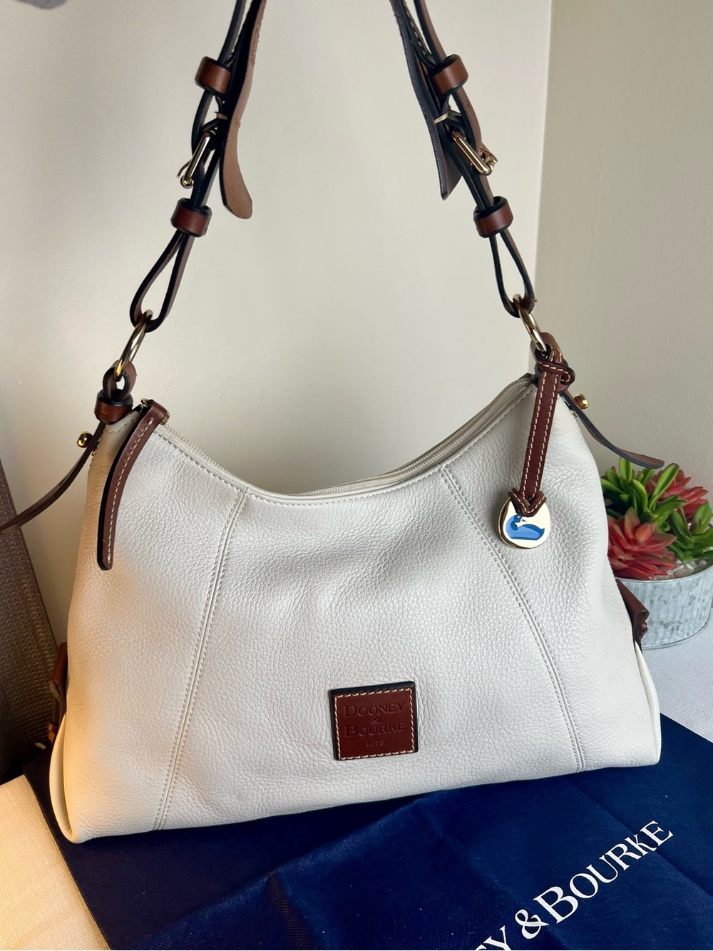 Dooney & Bourke White Leather Shoulder Bag with Brown Trim
